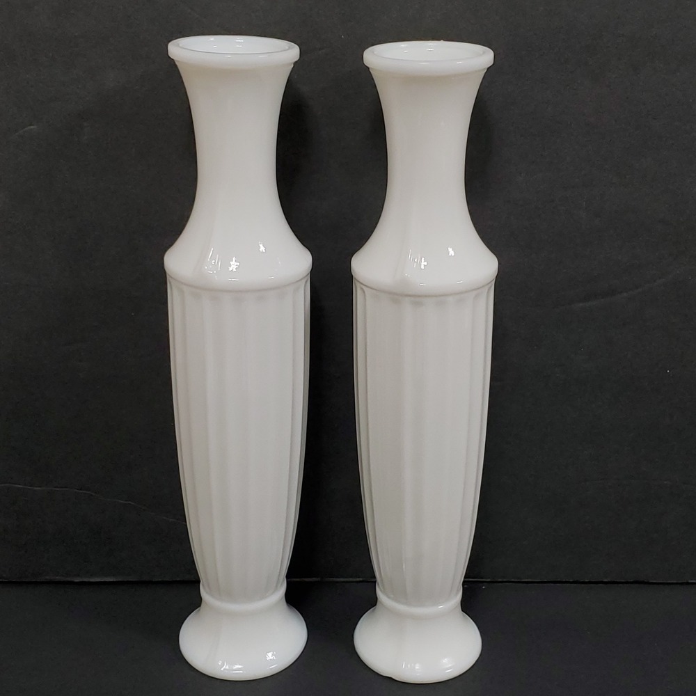 Vintage‎ Milk Glass Bud Vases Pair Ribbed Column White Glass 10 Inch Set of 2